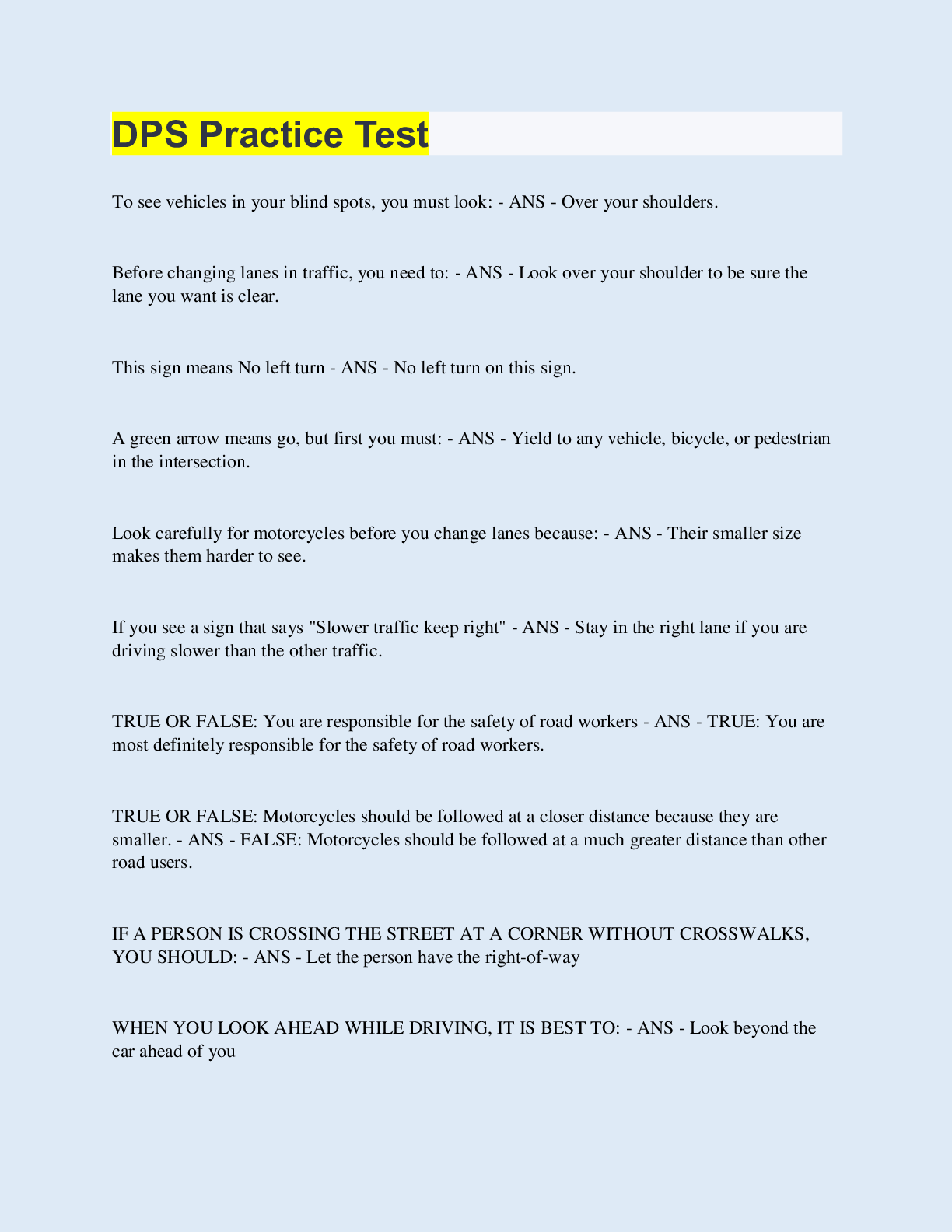 Preview image of DPS Practice Test document